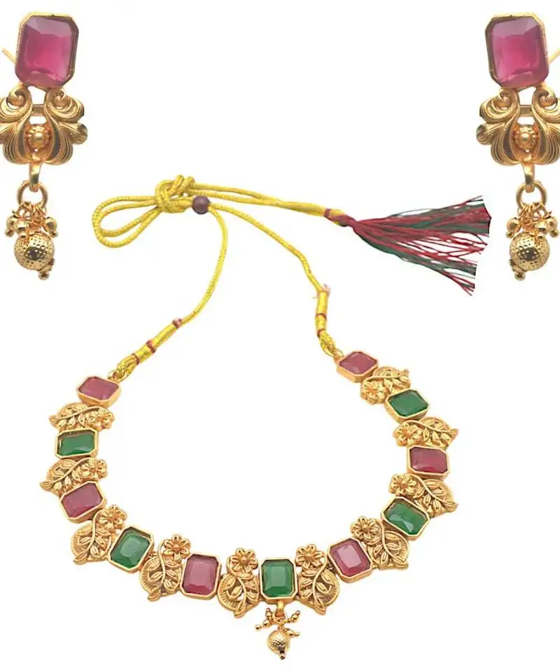 Indian gold plated necklace set earrings with leaf design green and red stones women jewelry for all occassions