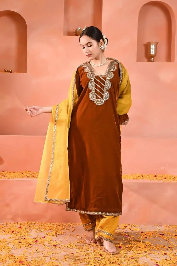 Mustard brown & yellow velvet kurta set