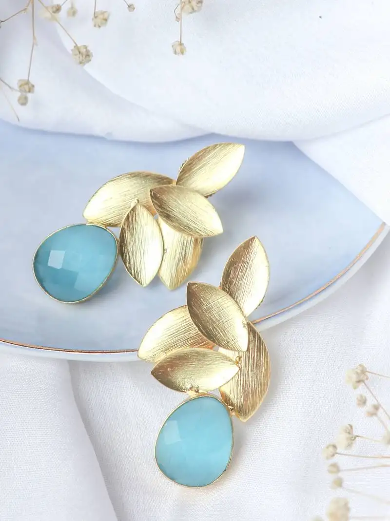Gold plated aqua leaf studs
