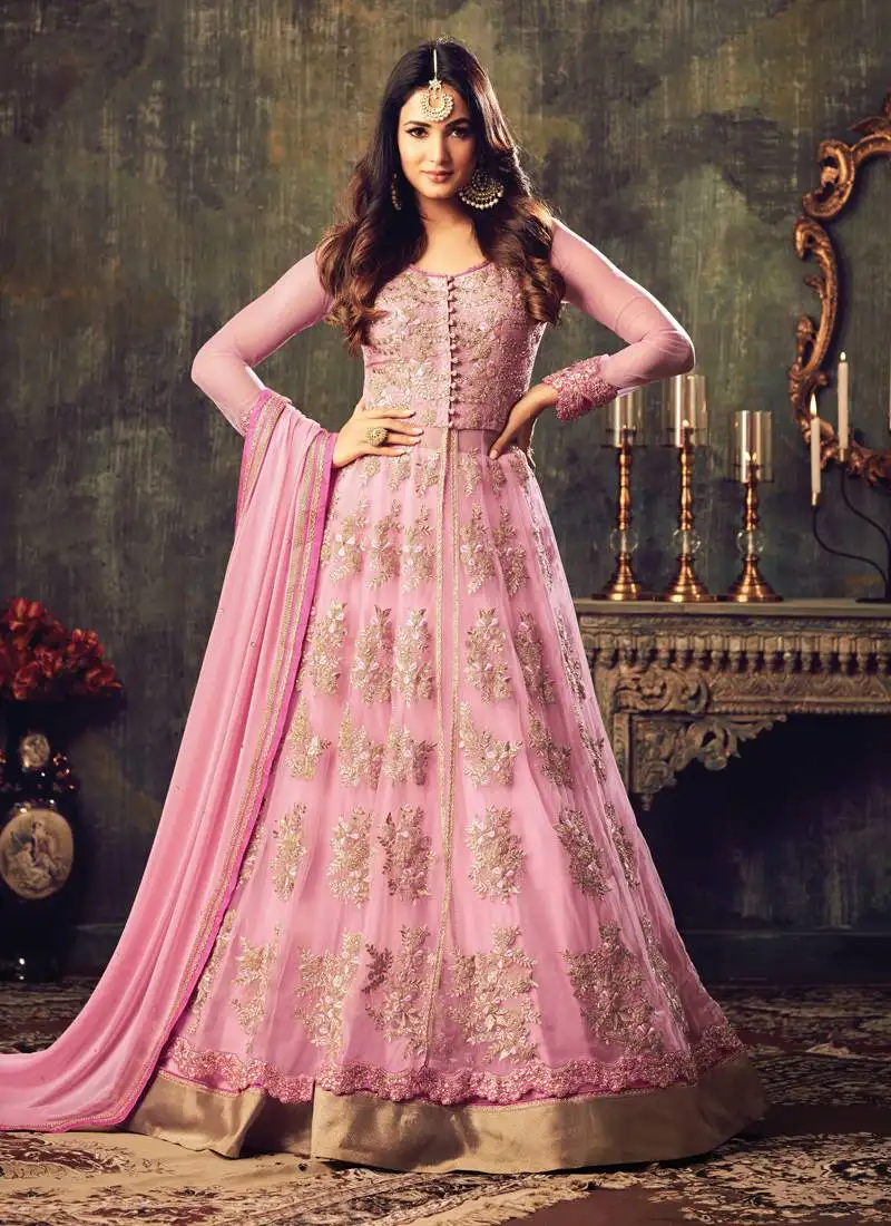 Pink embroidered net anarkali suits semi stitched
