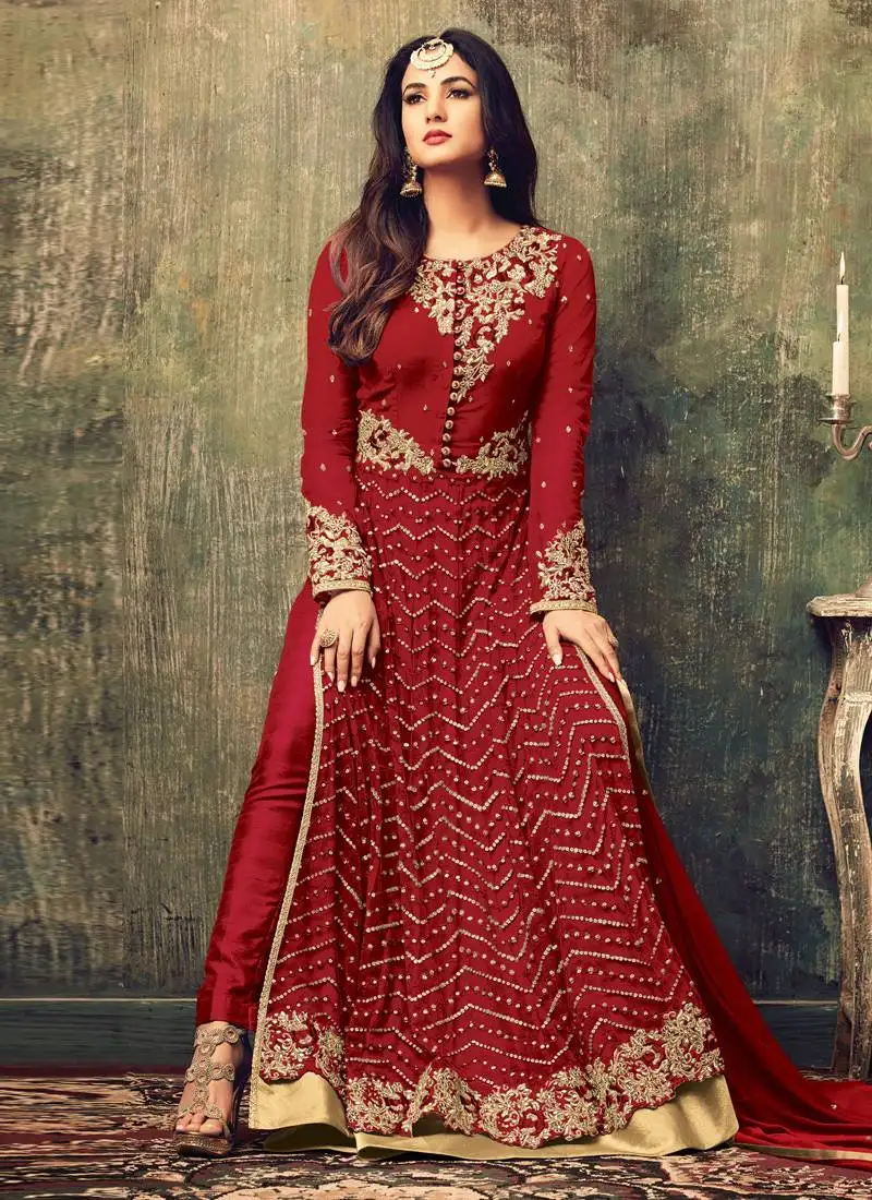 Red embroidered net salwar kameez semi stitched