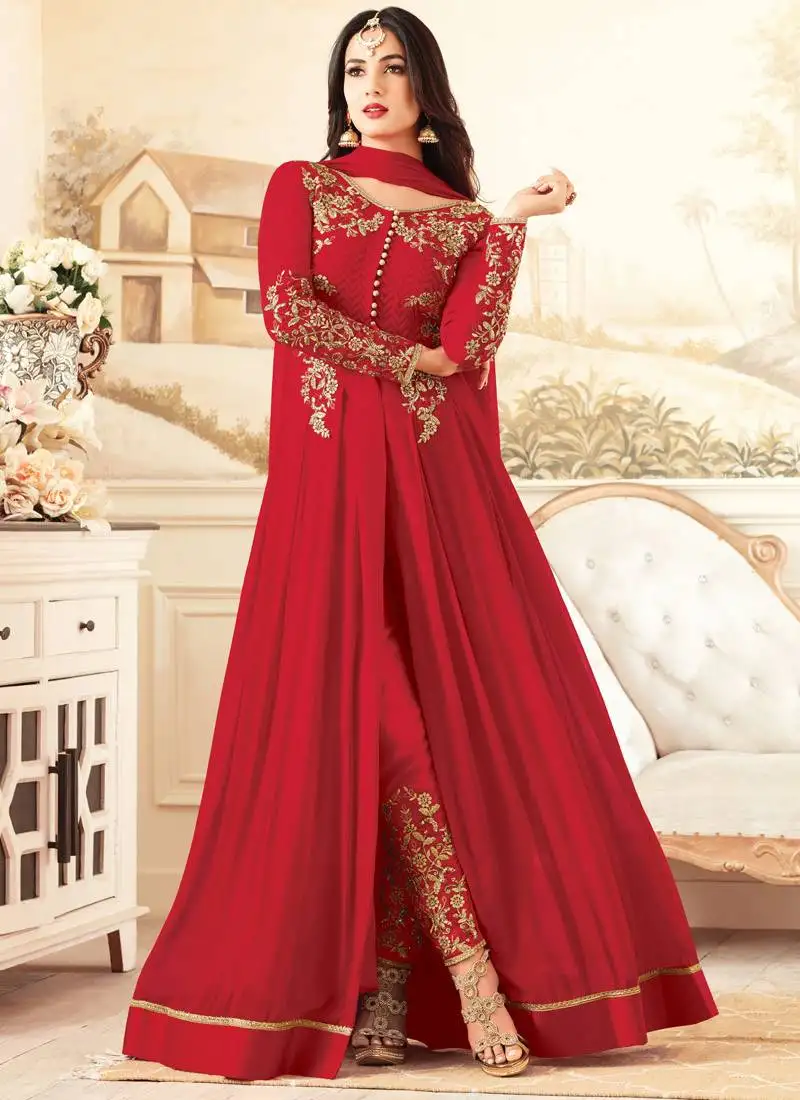 Red embroidered georgette anarkali suits semi stitched
