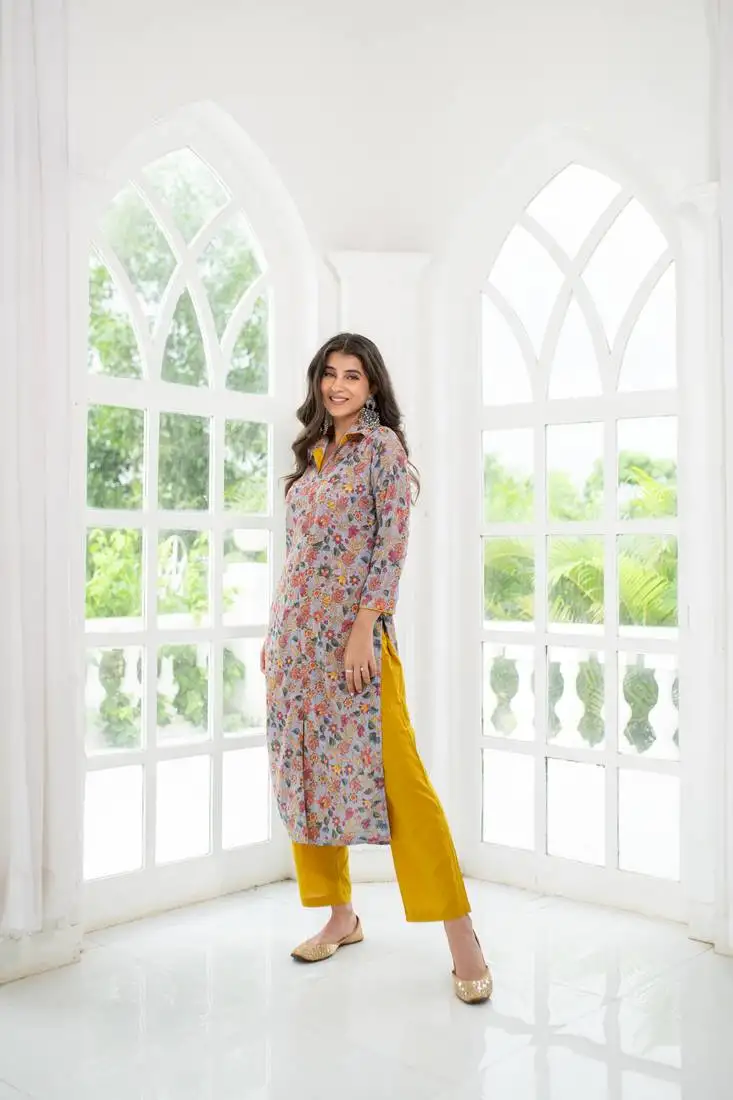 Grey mustard self embroidery cotton kurta set