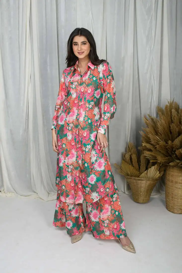 Green printed water sequin co-ord set