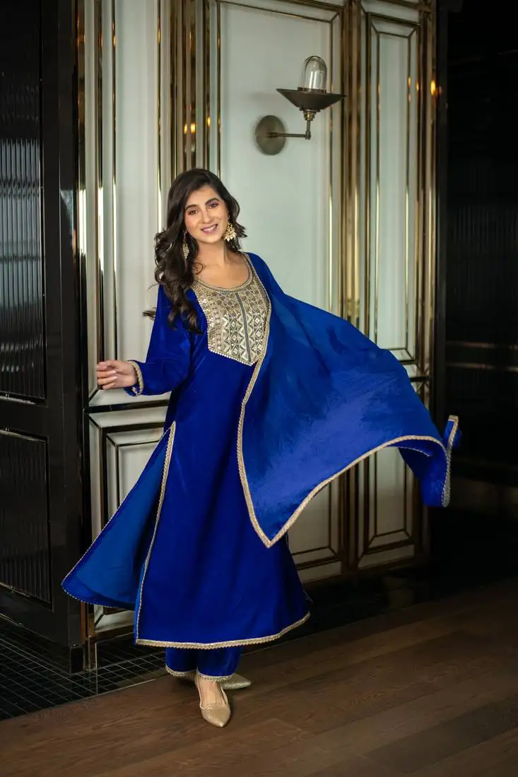 Velvet electric blue long slit kurta set