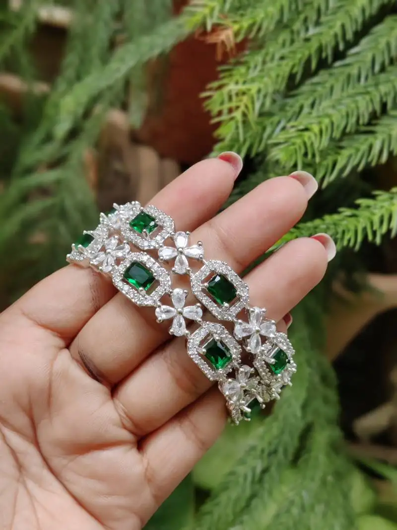 Green american diamond cubic zirconia beaded bangle set