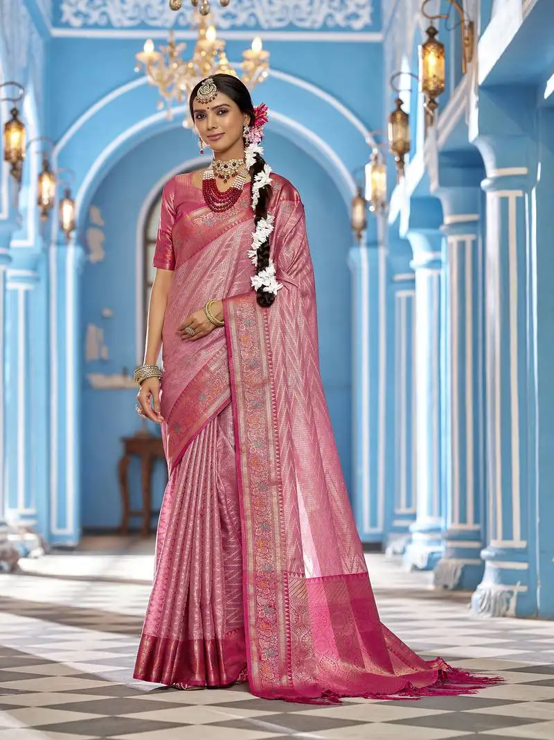 Pink munga zari kanjivaram silk blend with zig zag pattern saree
