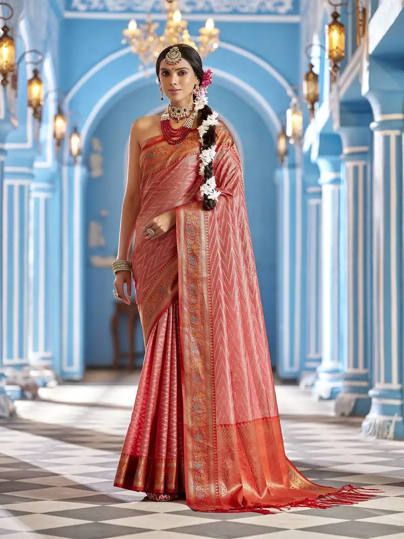 Light pink munga zari kanjivaram silk blend with zig zag pattern saree