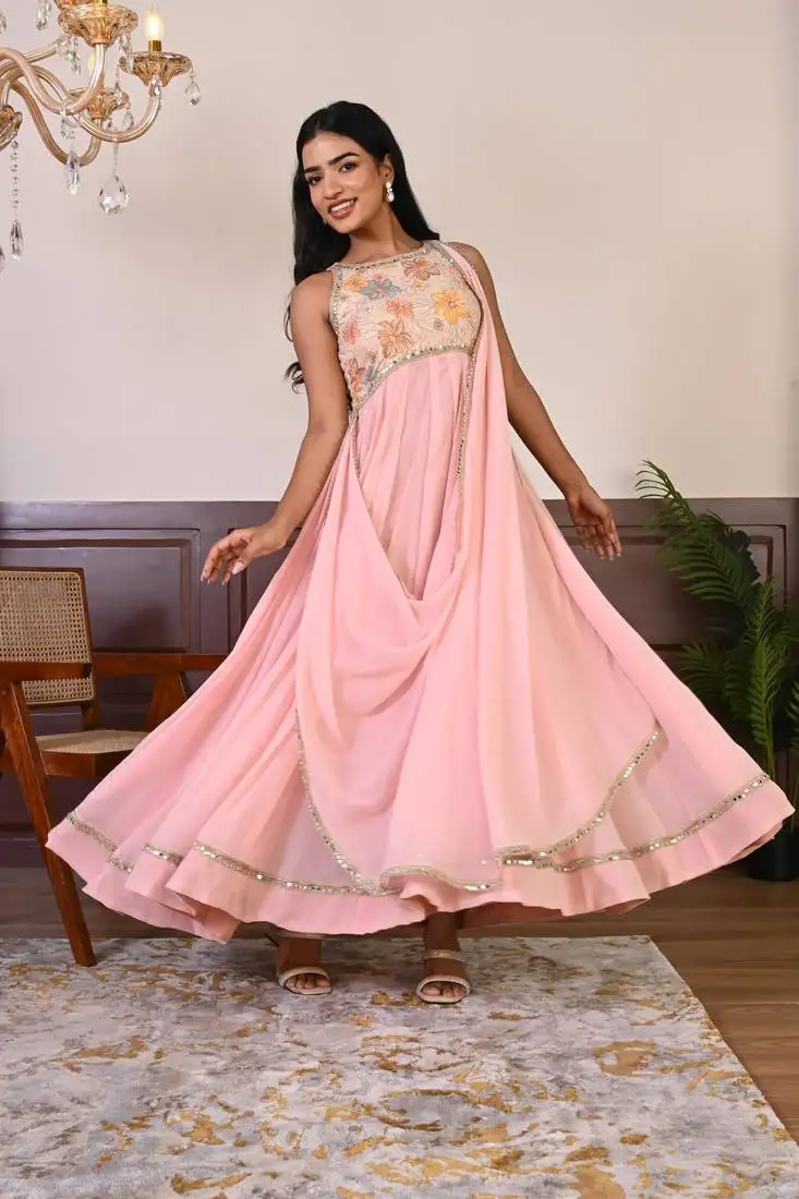 Peach embroidered georgette gown