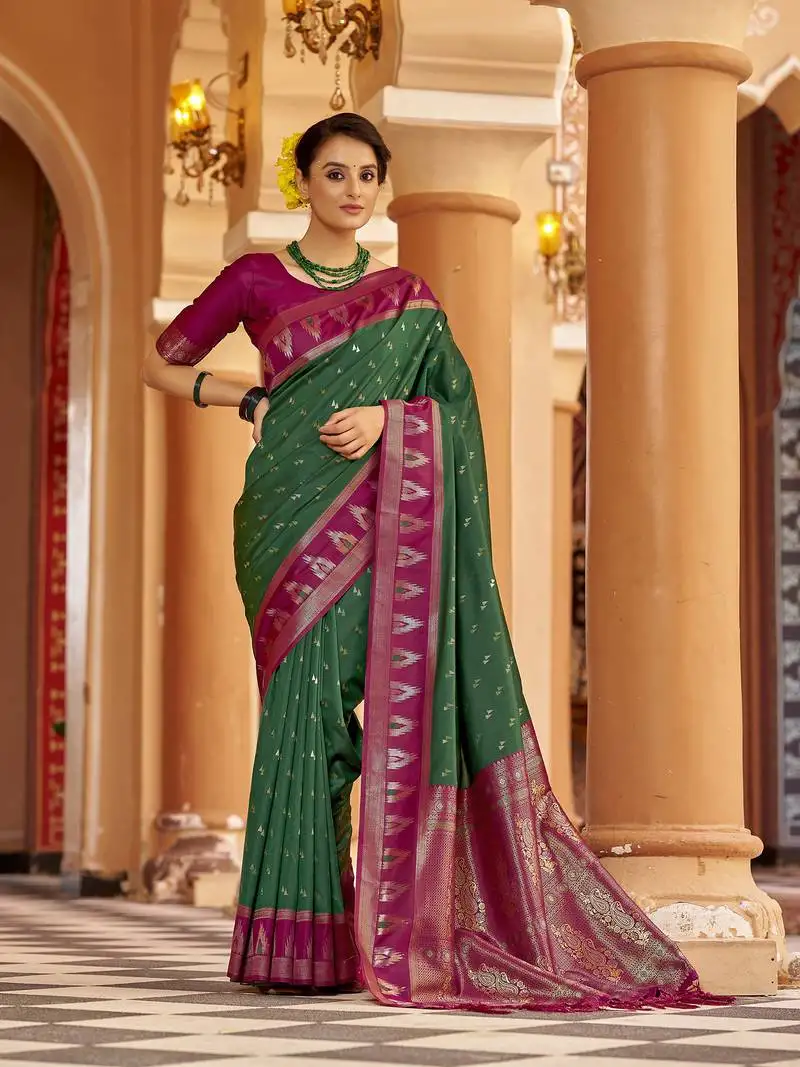 Green geomatrical butti banarasi silk blend zari jacquard work designer saree
