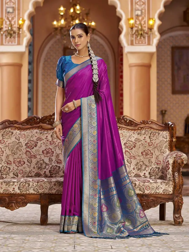 Pink solid banarasi silk blend zari jacquard work designer saree