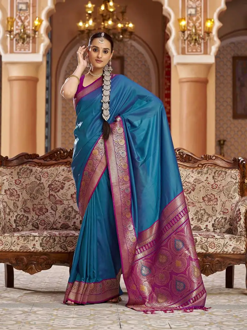 Blue solid banarasi silk blend zari jacquard work designer saree