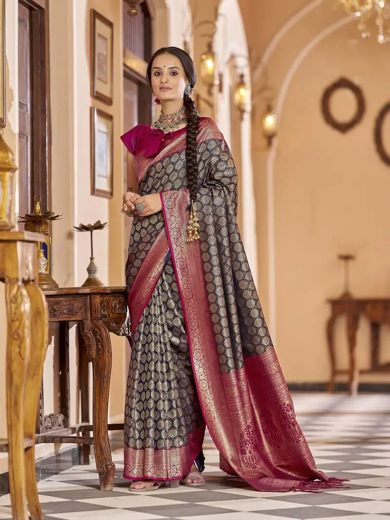 Navy blue woven banarasi silk blend zari jacquard work designer saree