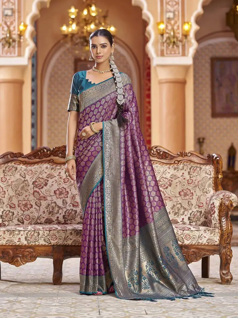 Purple woven banarasi silk belnd zari jacquard work designer saree