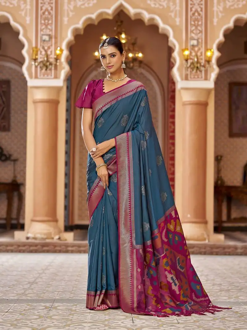Teal ikat banarasi jacquard butta work designer saree
