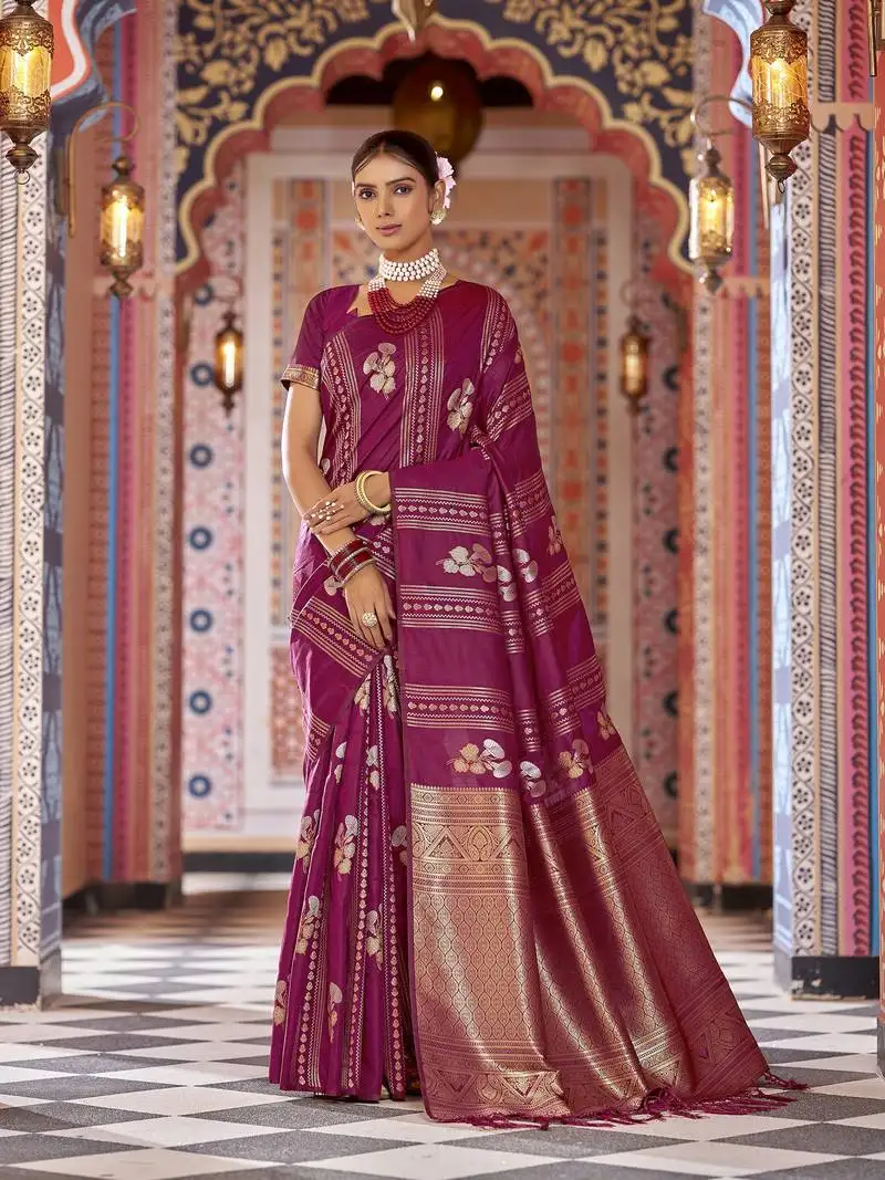 Magenta woven banarasi silk blend zari jacquard work designer saree