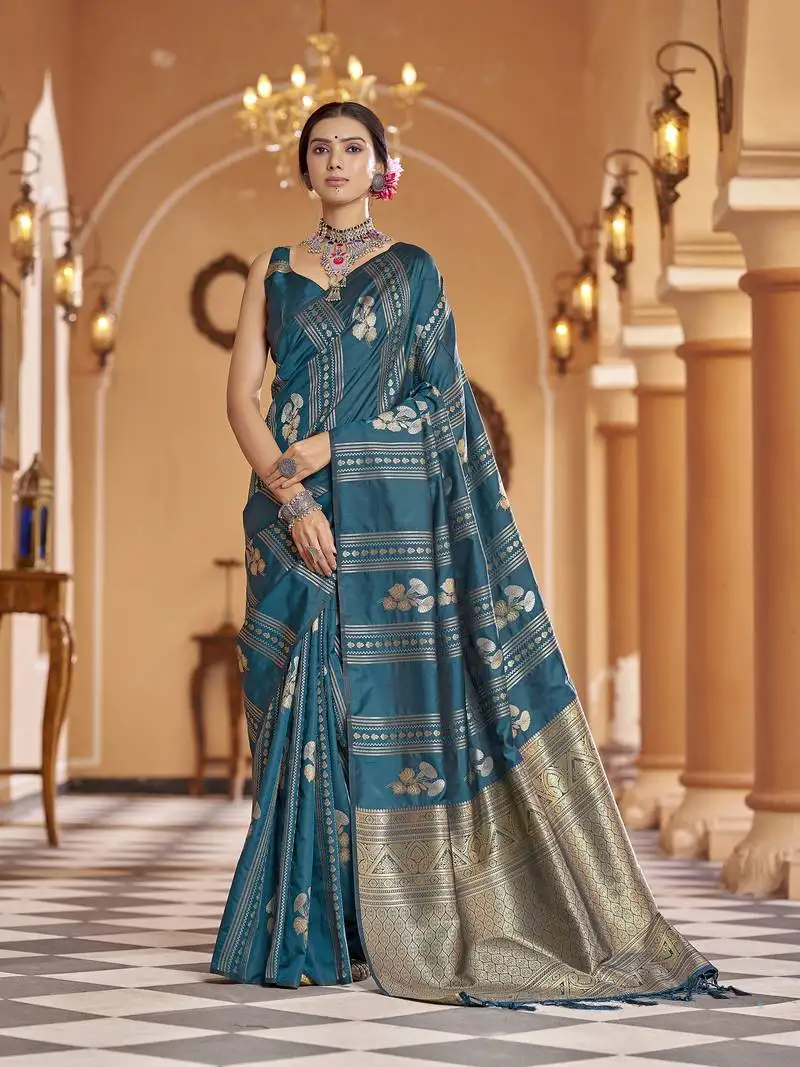 Teal woven banarasi silk blend zari jacquard work designer saree