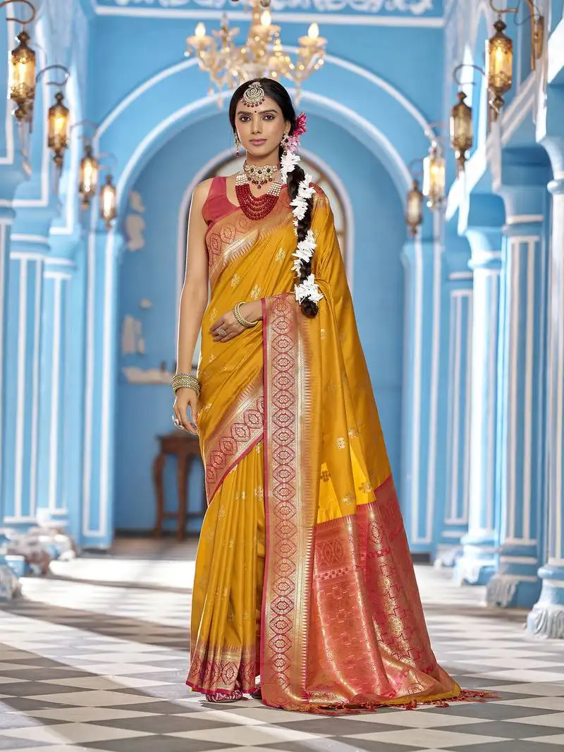 Mustard gadhval banarasi silk blend jacquard butti work designer saree