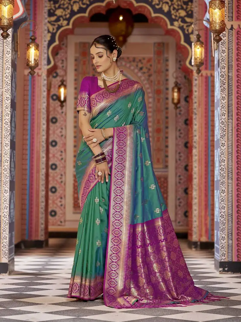 Teal gadhval banarasi silk blend jacquard butti work designer saree