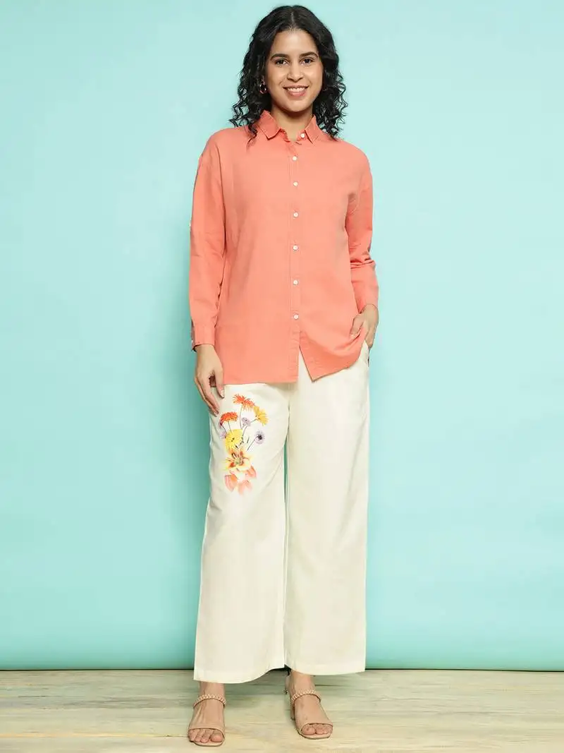 Senorita orange linen cotton solid co-ord set - regular fit, full sleeve