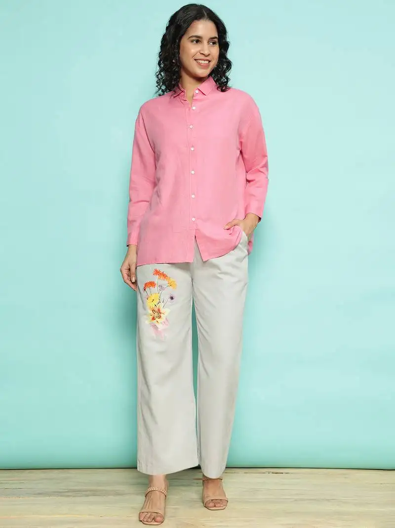 Senorita pink linen cotton solid co-ord set - regular fit, full sleeve