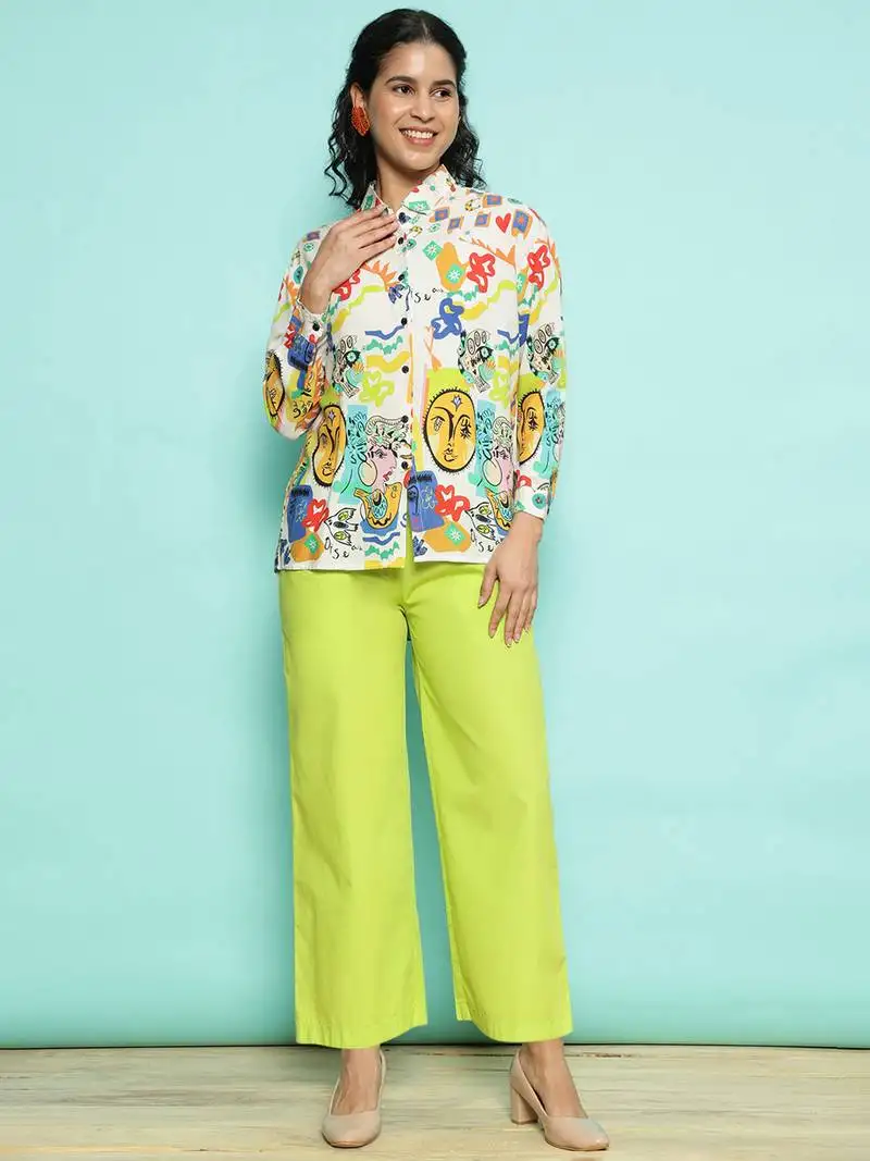 Senorita white & limegreen modal printed co-ord set - regular fit, full sleeve