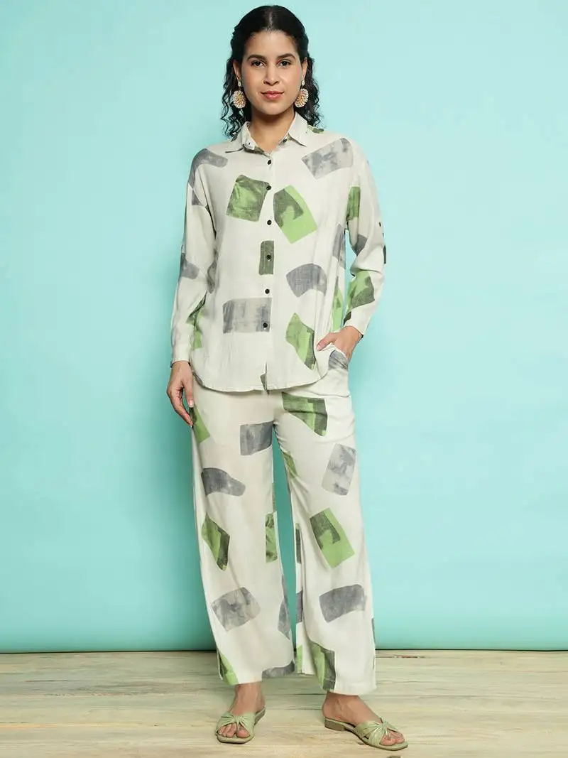 Senorita white green modal printed co-ord set - regular fit, full sleeve