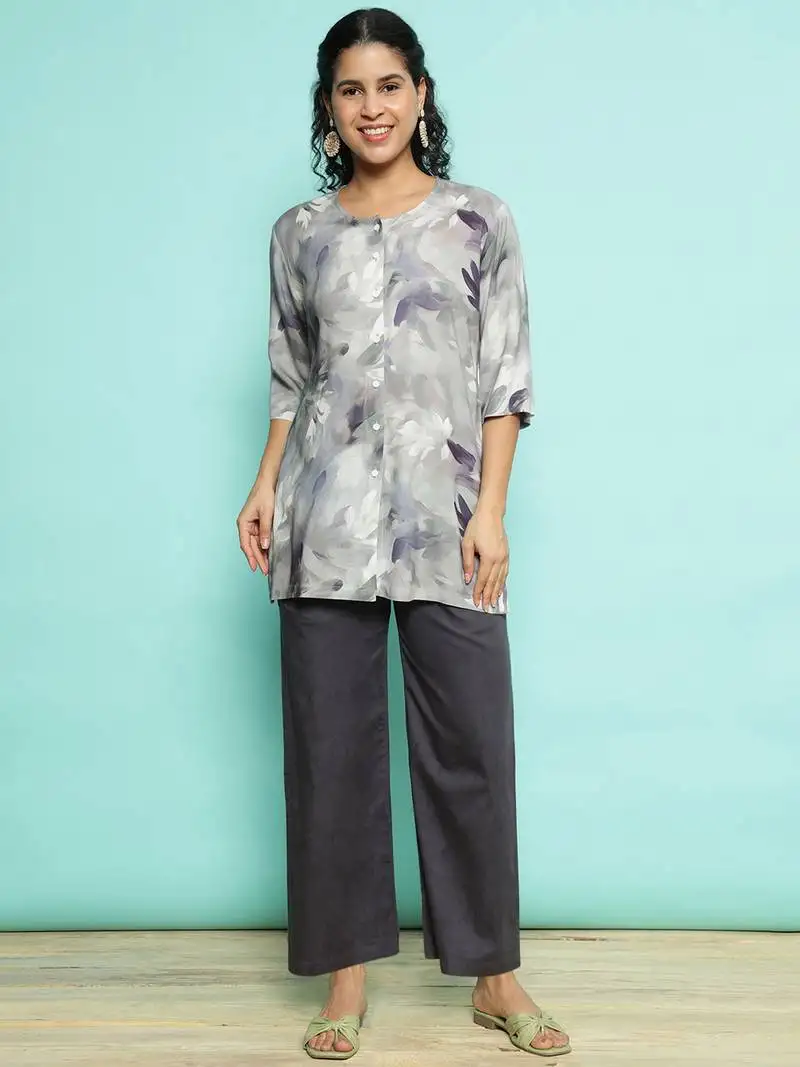 Senorita light grey modal printed co-ord set - regular fit, full sleeve