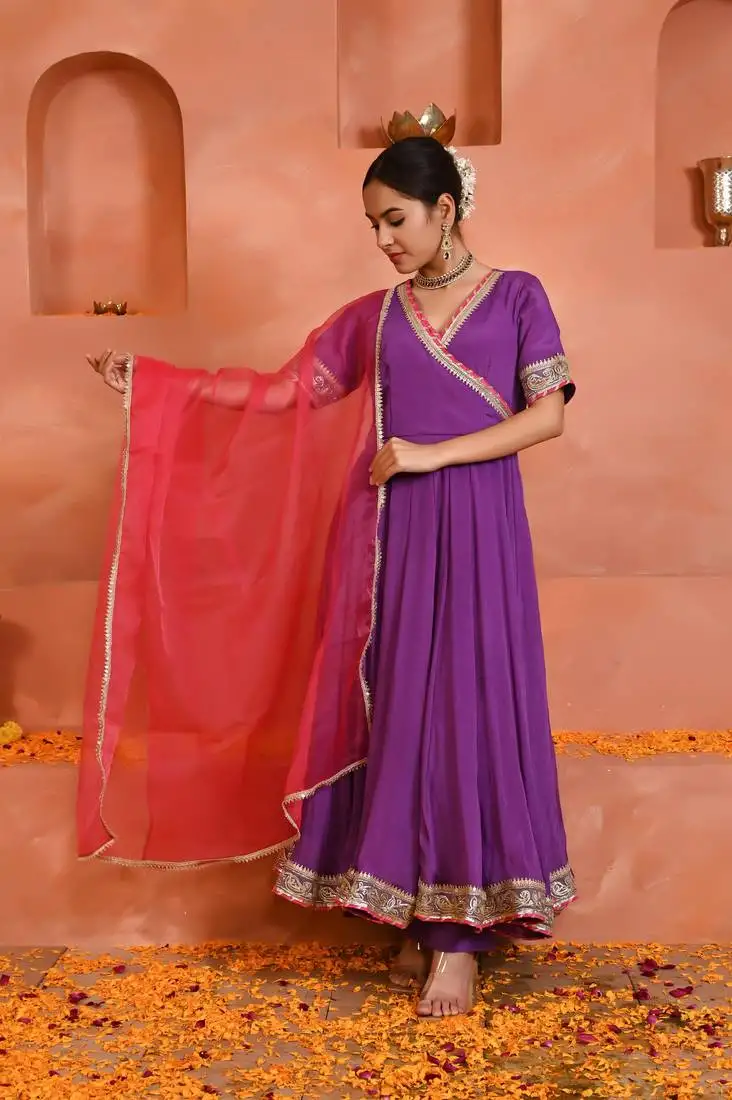 Purple chinon anarkali set