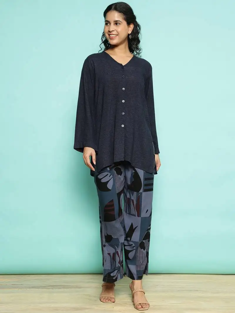 Senorita navy blue modal solid co-ord set - regular fit, full sleeve