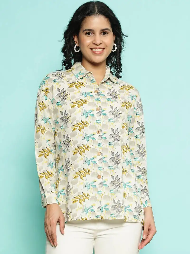 Senorita beige green modal printed shirt, full sleeve