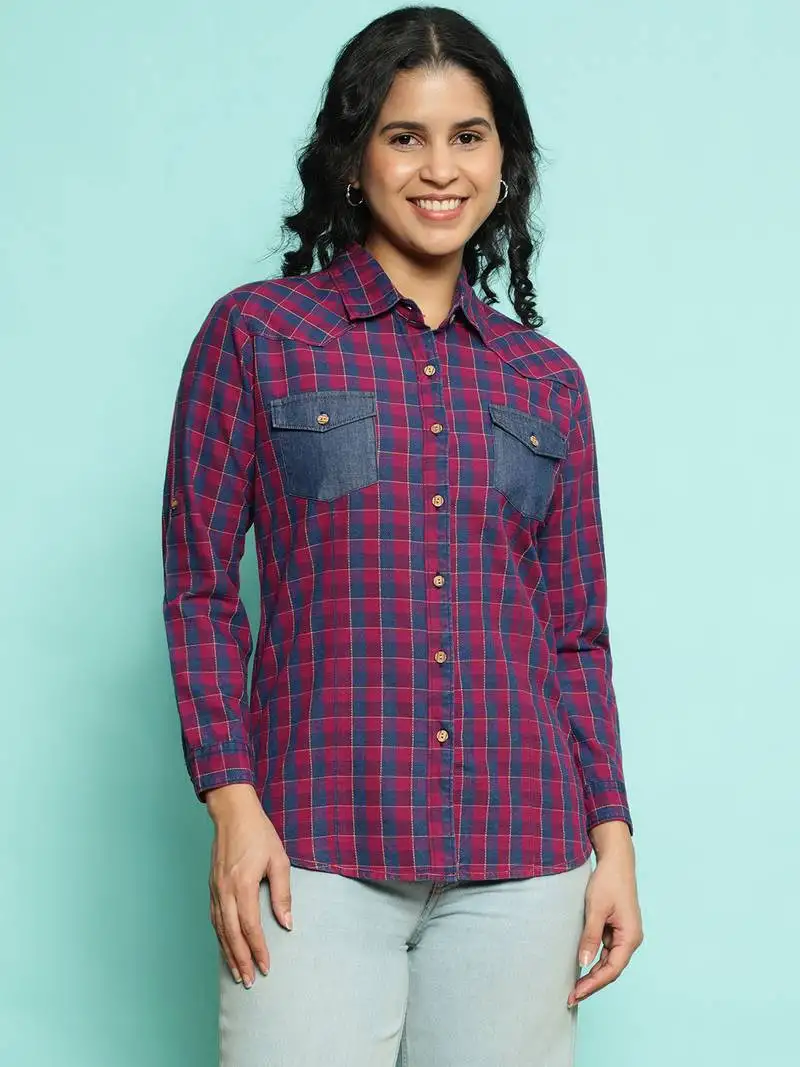 Senorita pink 100%cotton checks shirt, full sleeve