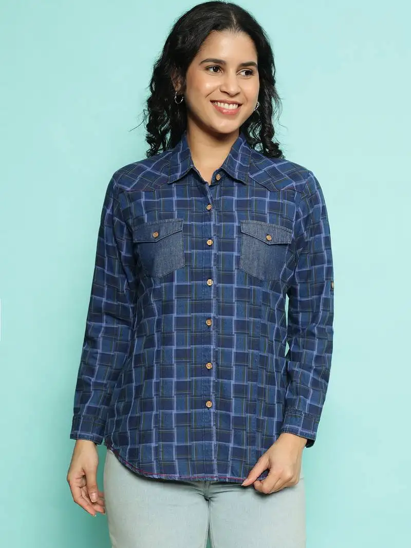 Senorita navy blue 100%cotton checks shirt, full sleeve