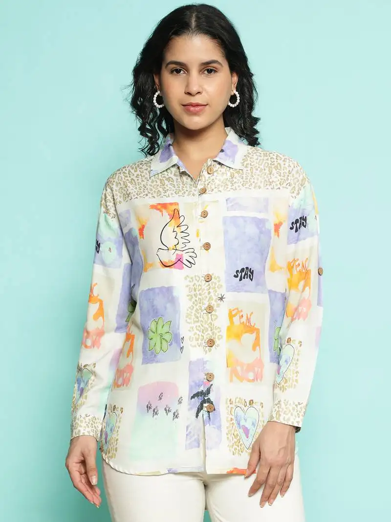 Senorita beige-blue modal printed shirt, full sleeve