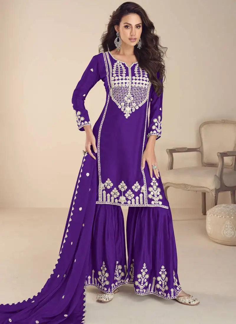 Violet chinon silk embroidered palazzo suit stitched