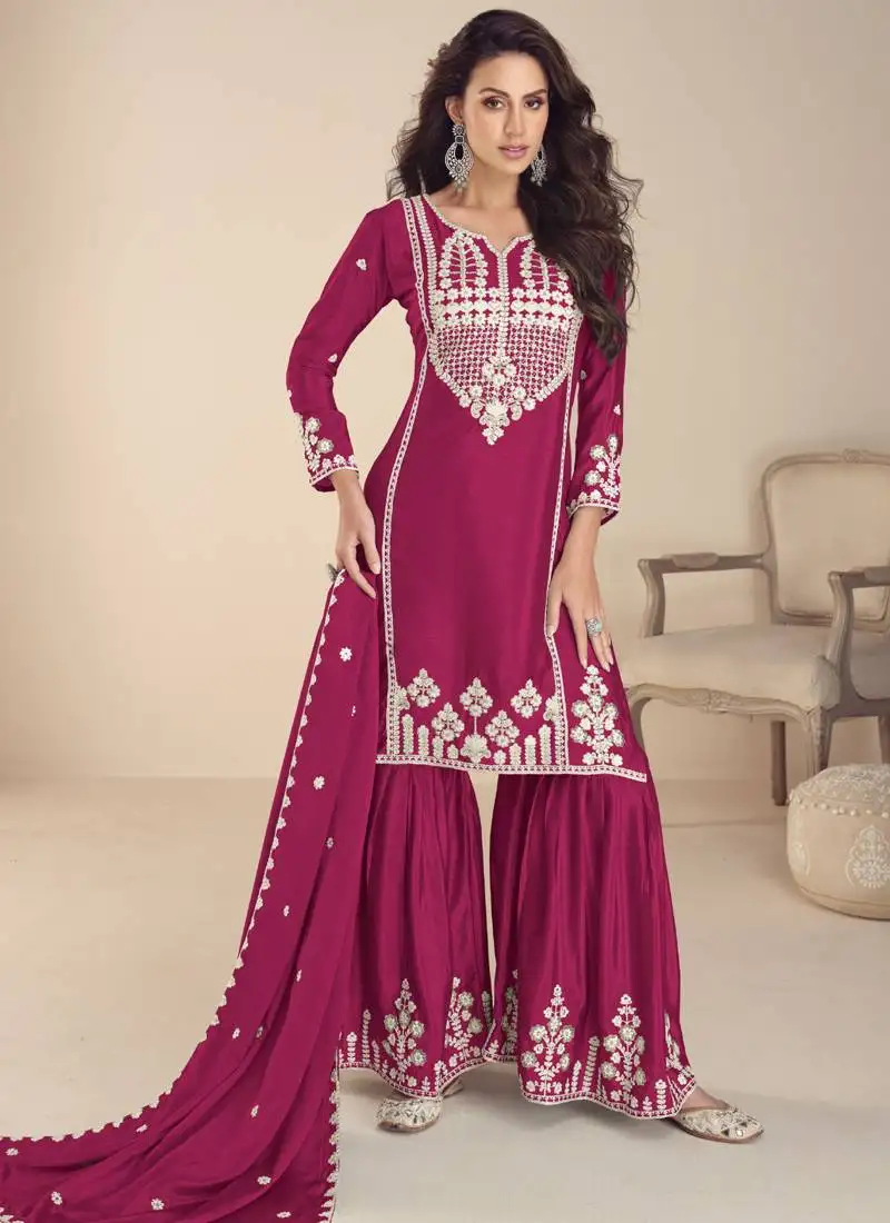 Rani pink chinon silk embroidered palazzo suit stitched