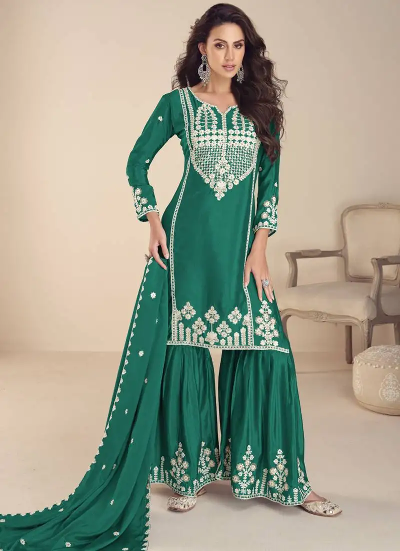 Bottel green chinon silk embroidered palazzo suit stitched