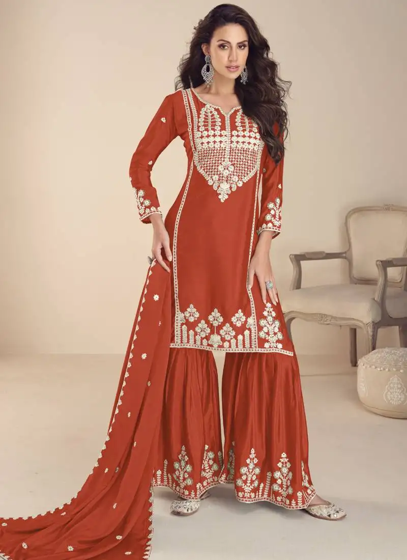Orange chinon silk embroidered palazzo suit stitched