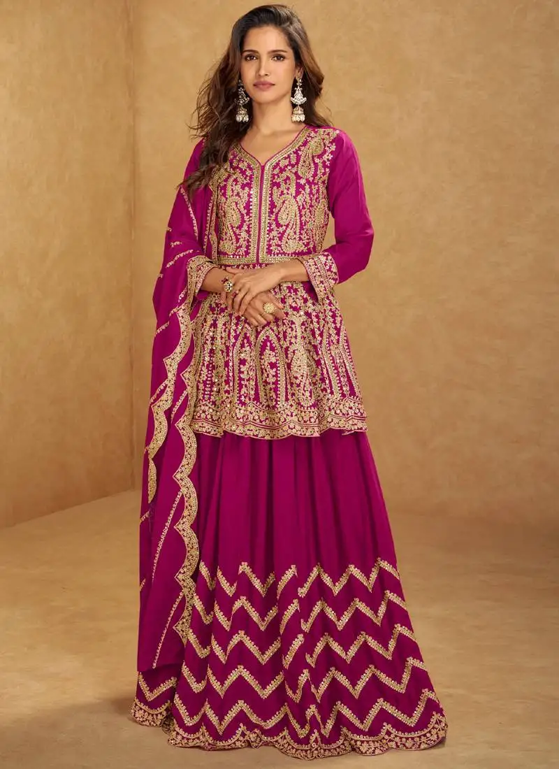 Rani pink chinon silk hand work lehenga style suit stitched