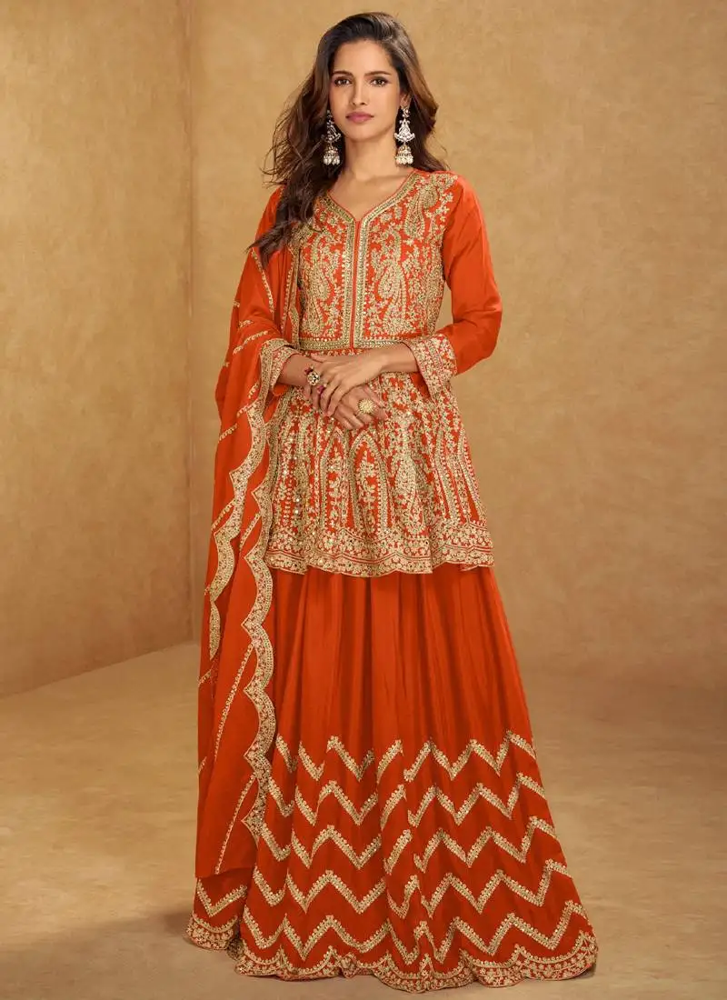 Orange chinon silk hand work lehenga style suit stitched