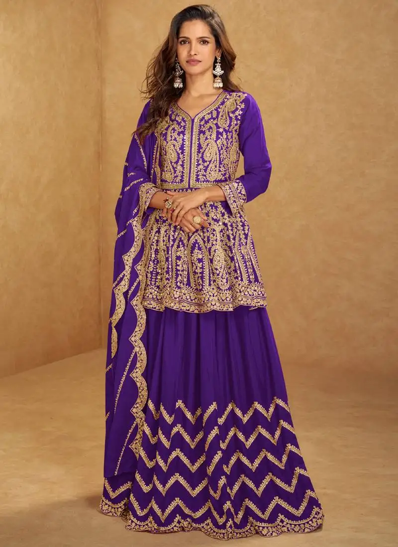 Violet chinon silk hand work lehenga style suit stitched