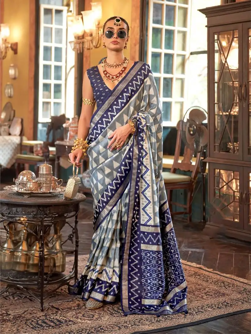Grey polyester viscose silk blend patola printed saree