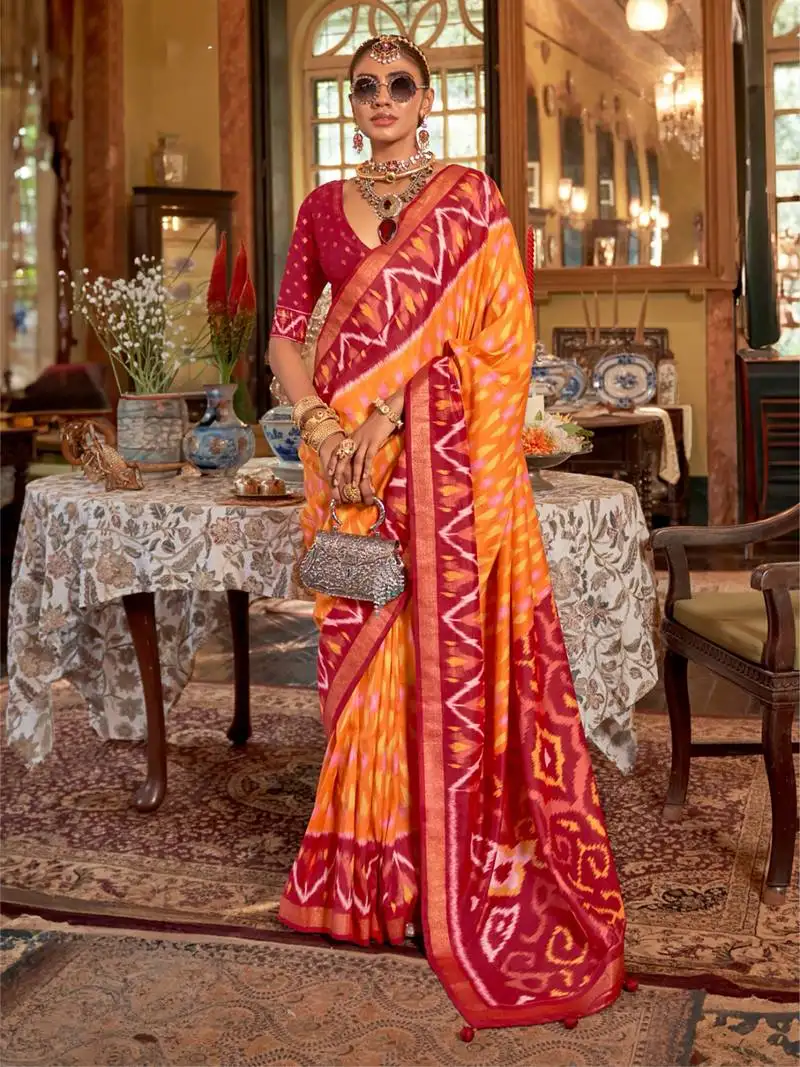 Orange polyester viscose silk blend patola printed saree