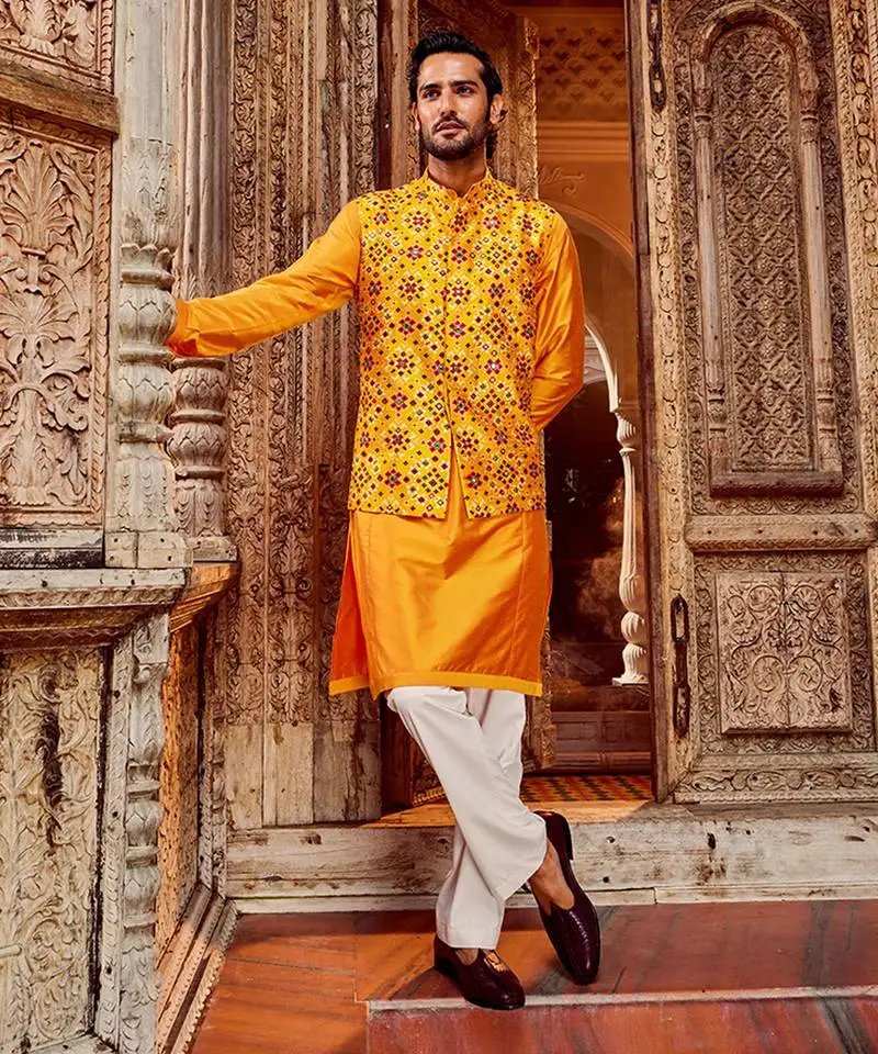 Haldi raw silk mirror embellished bundi set