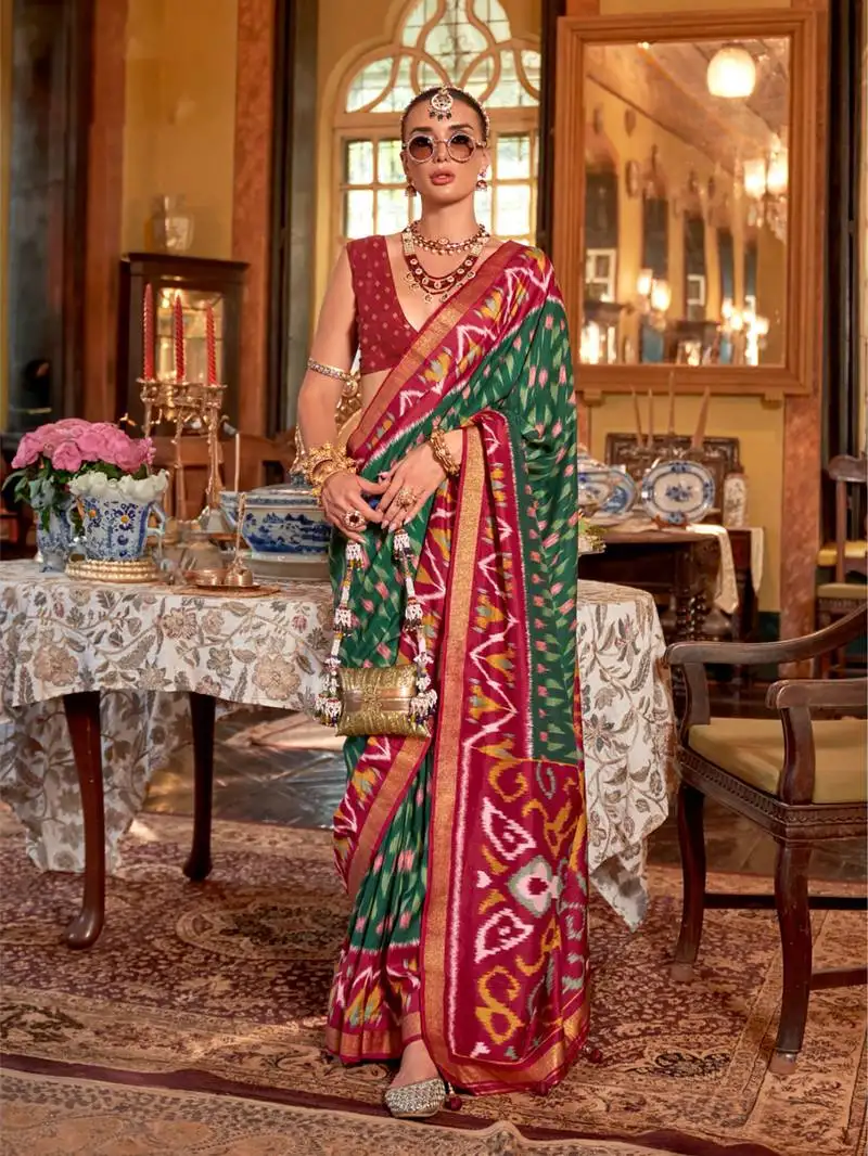 Green polyester viscose silk patola printed saree