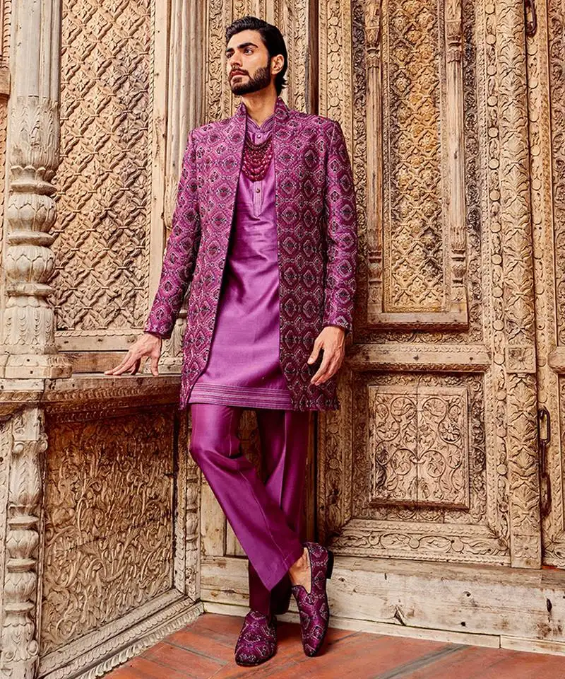 Purple chanderi silk embroidered open indo-western