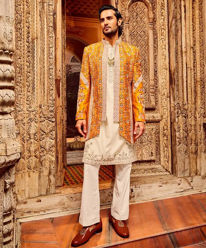 Orange open raw silk embroidered indo-western