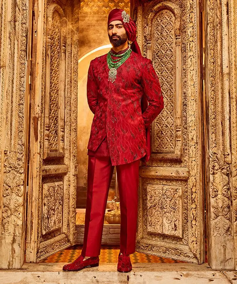 Deep red chanderi silk asymmetrical sherwani