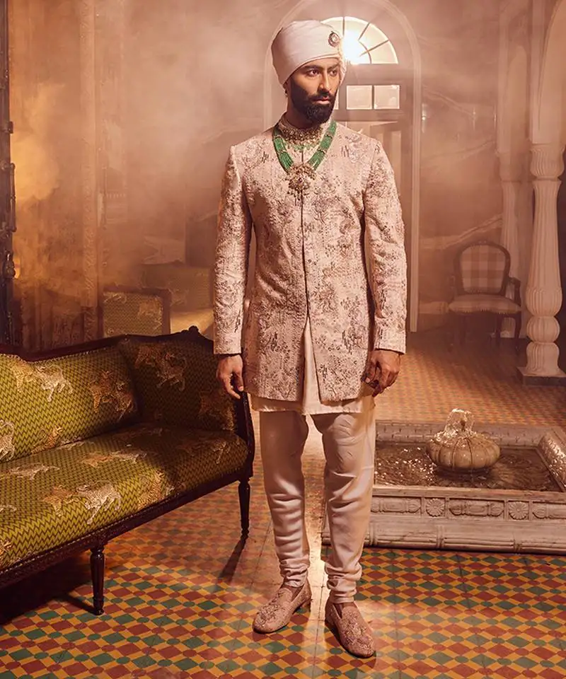 Salmon pink velvet embroidered bandhgala