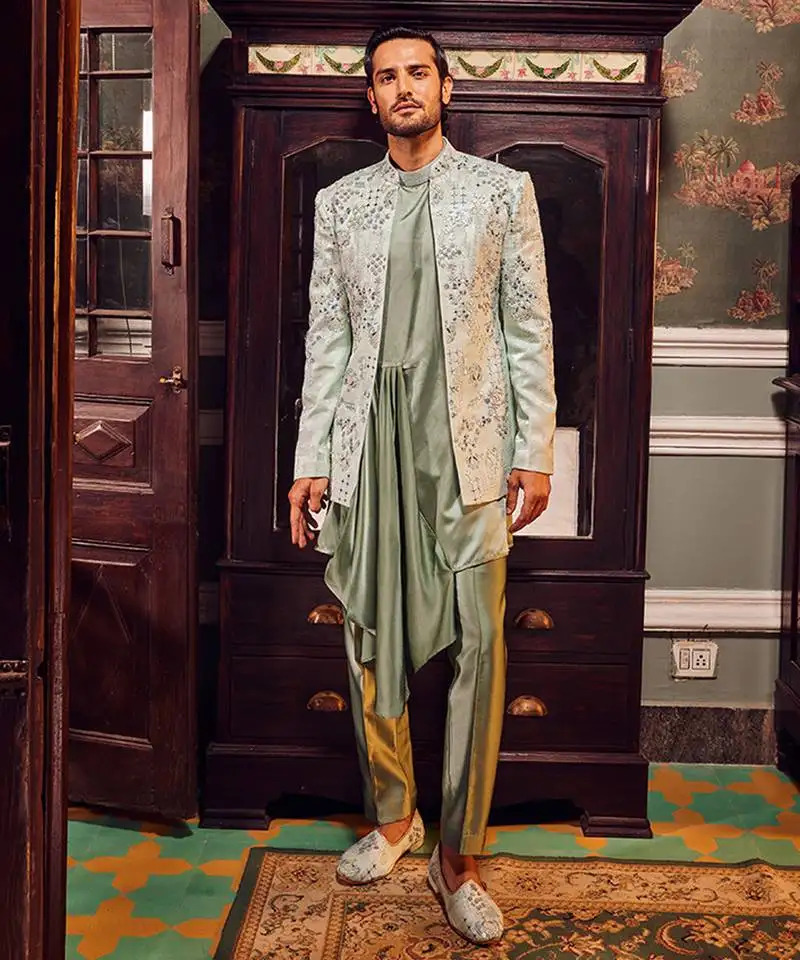 Sage open jaquard embroidered bandhgala set